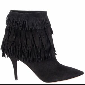 Aquazzura Sasha black suede fringe heeled bootie